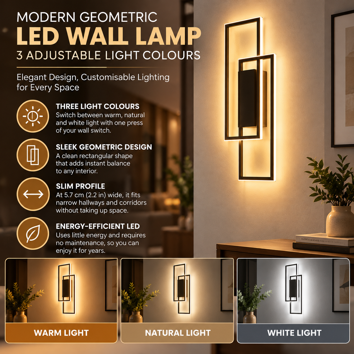 LED Wall Lamp Black Rectangular, 3 Light Colours, Aluminium