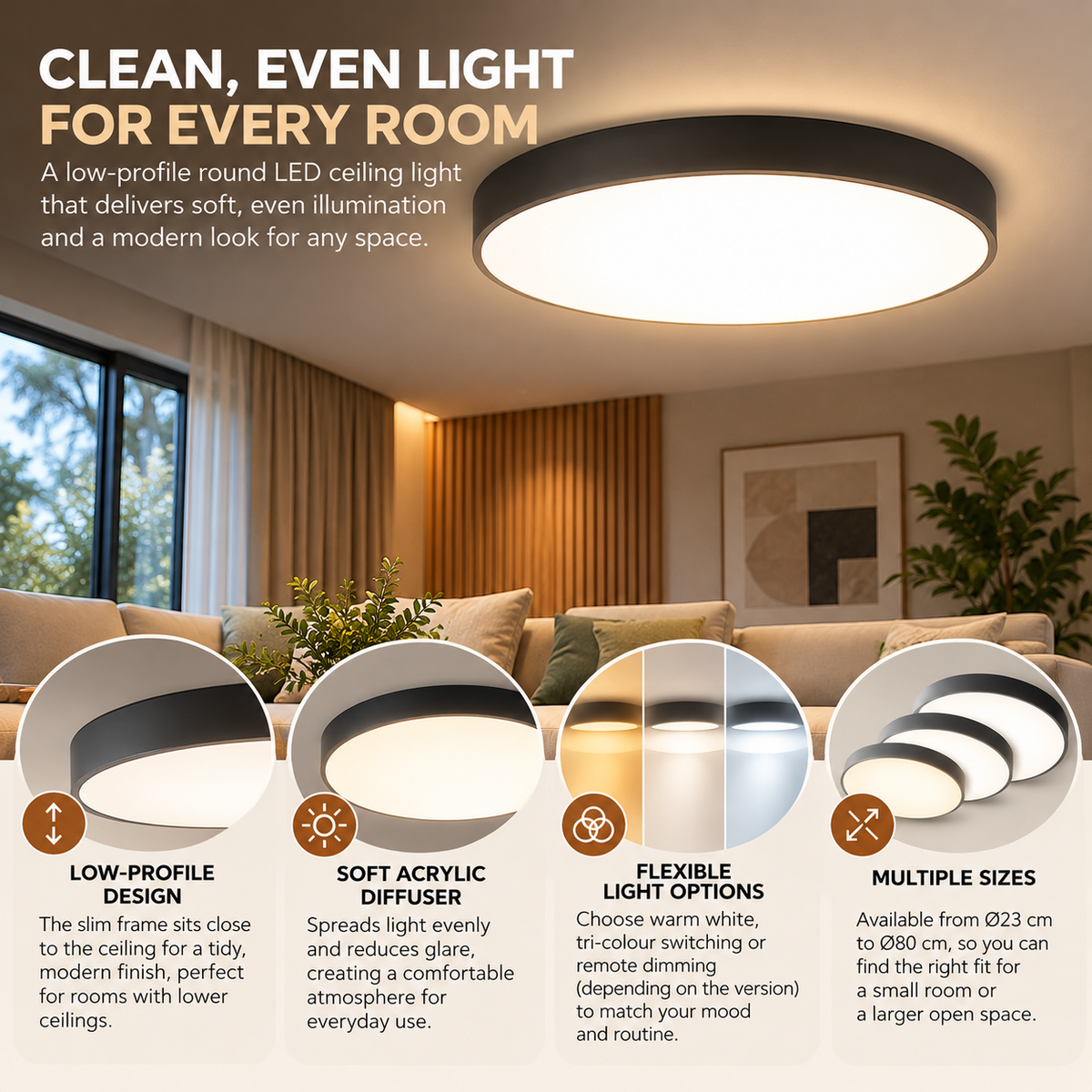 Ceiling Light Low Profile Round LED, Diffuser