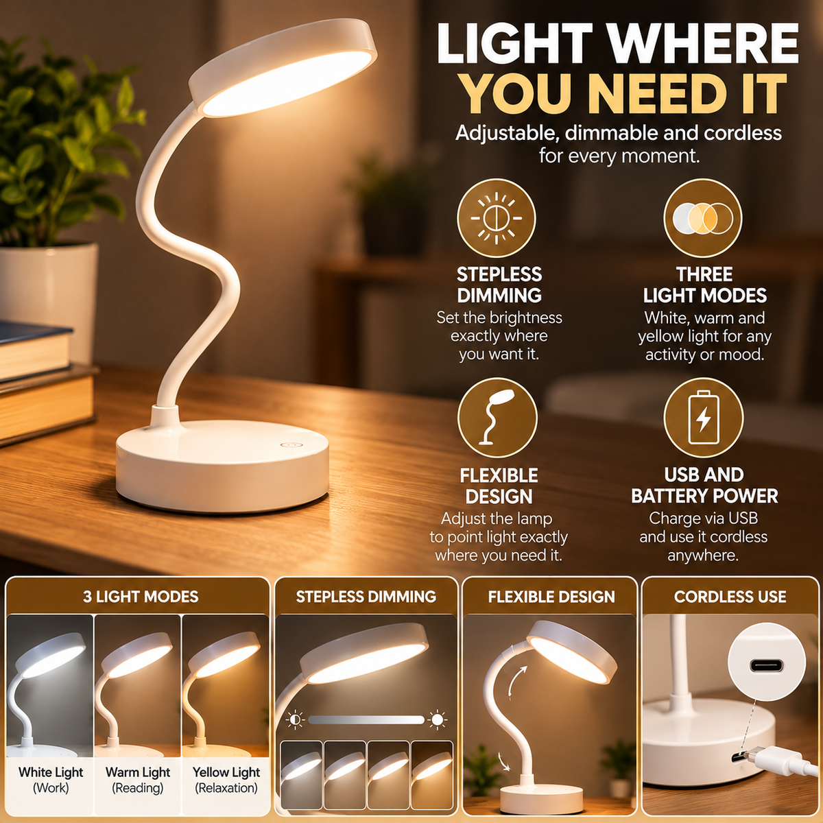 Cordless Table Lamp | LED Dimmable, 3 Color Modes, USB