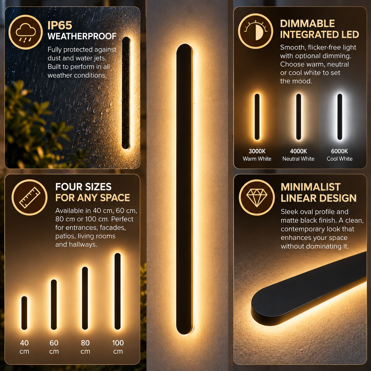 Linear Outdoor Wall Light | IP65, Dimmable LED | Modern Minimalist