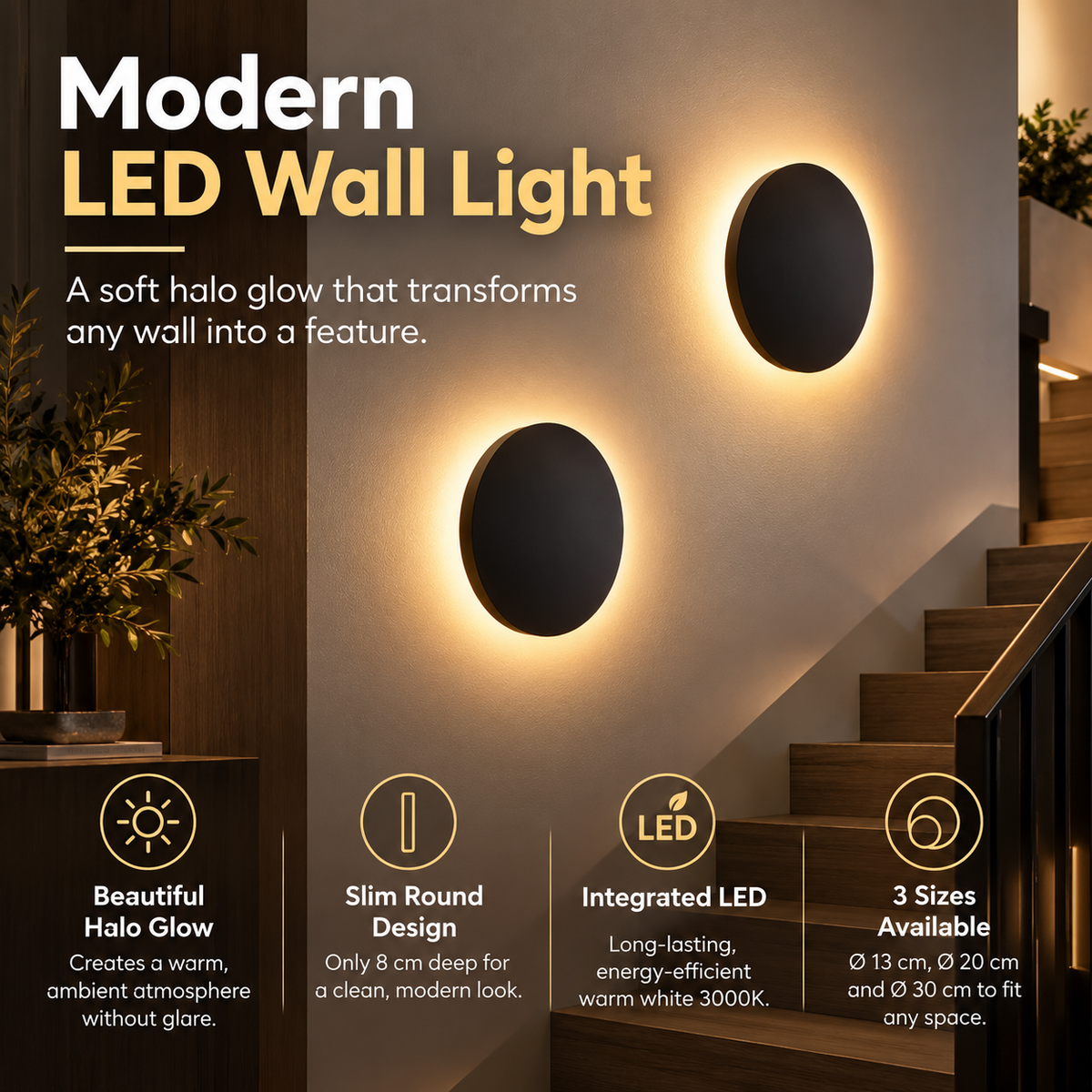 LED Wall Light Round Halo Backlit Glow | Indoor Ambient | 3 Sizes
