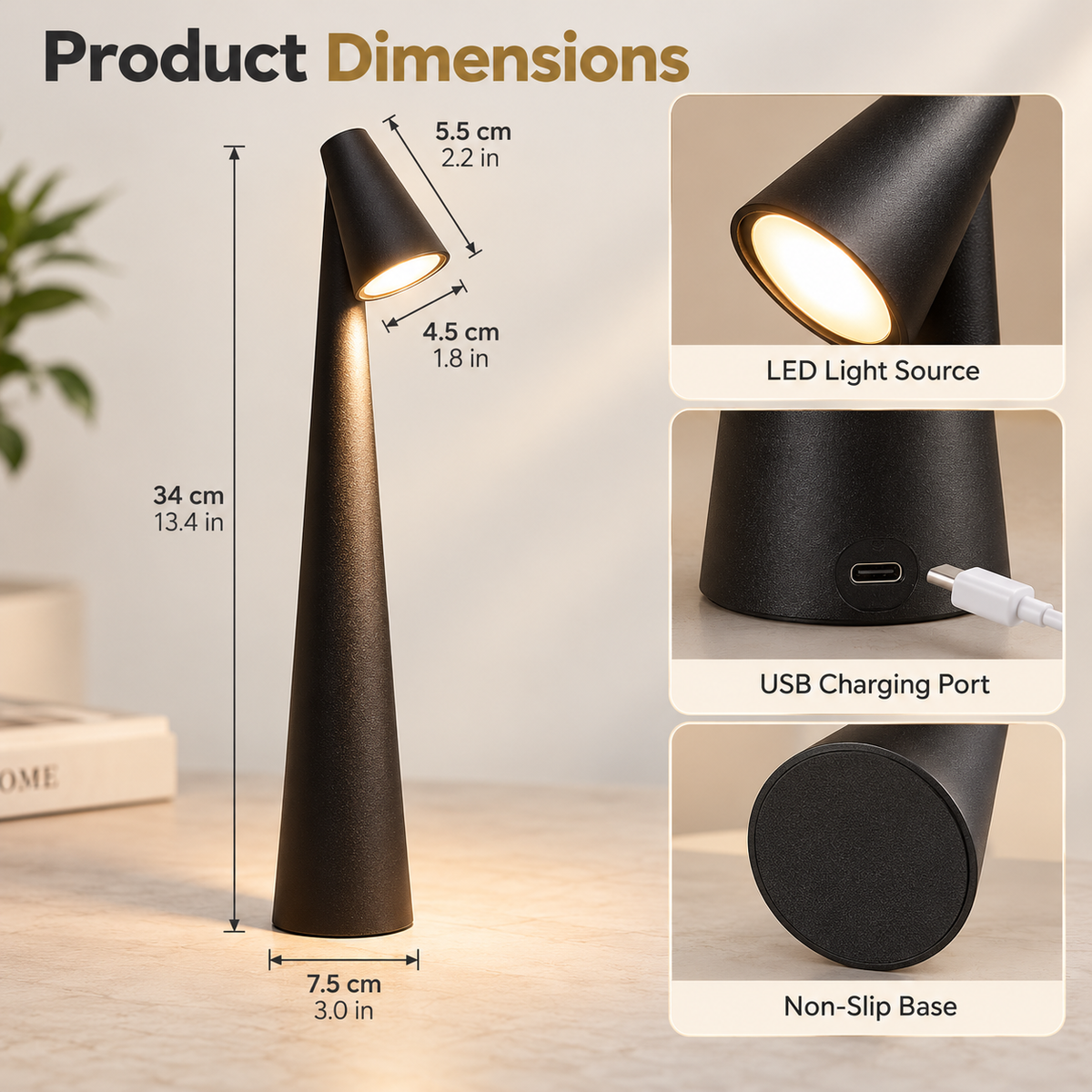 Rechargeable Table Lamp | Cordless LED, Dimmable, 20H Battery