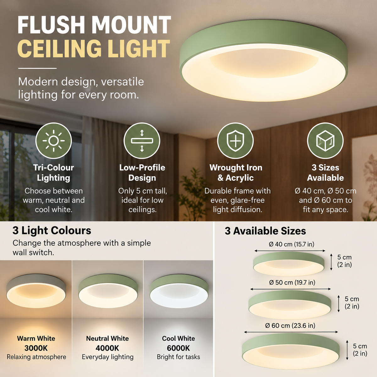 Flush Mount Ceiling Light | Wrought Iron, Tri-Colour LED, 3 Sizes