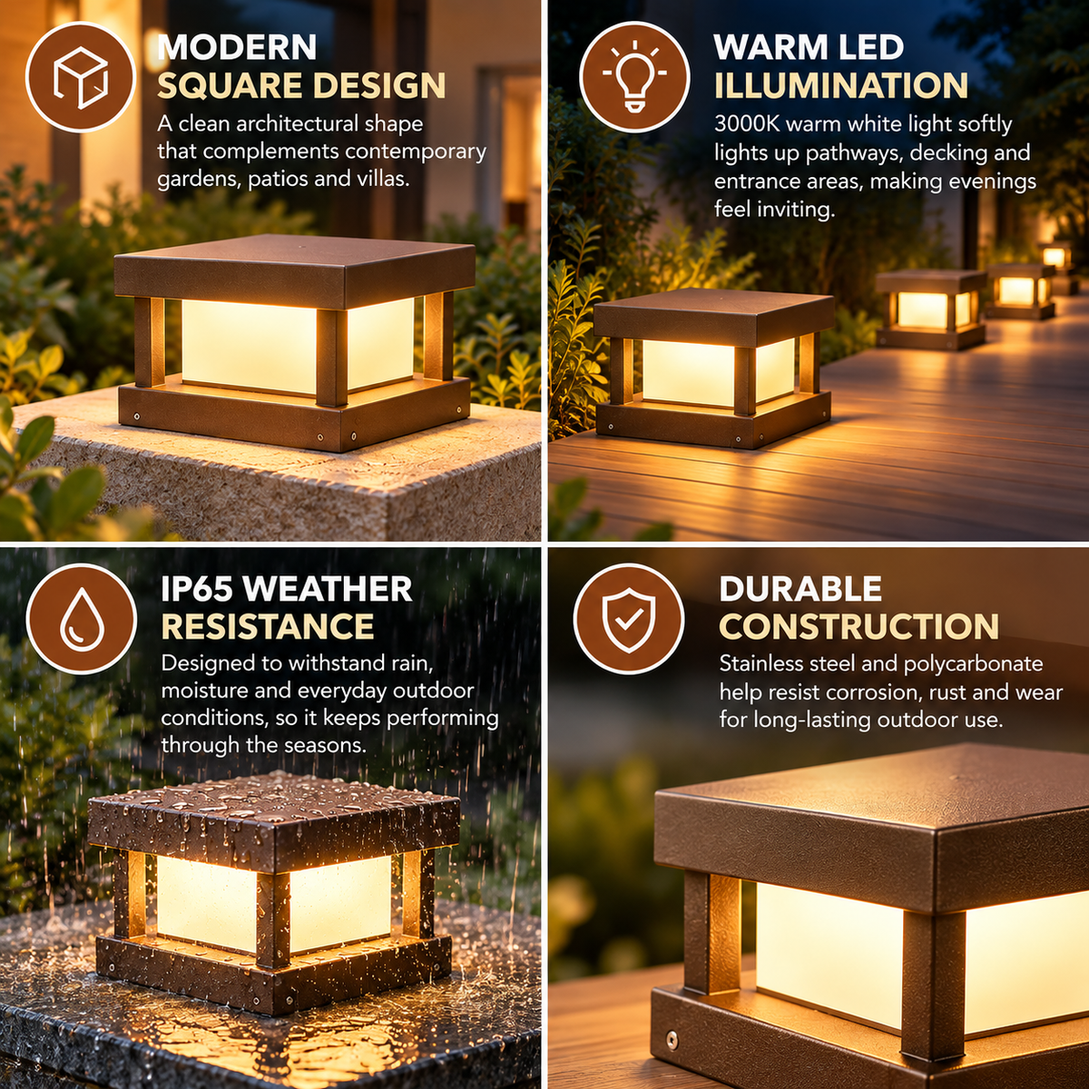 Outdoor Post Lights Square LED Waterproof Brown Deck Pillar