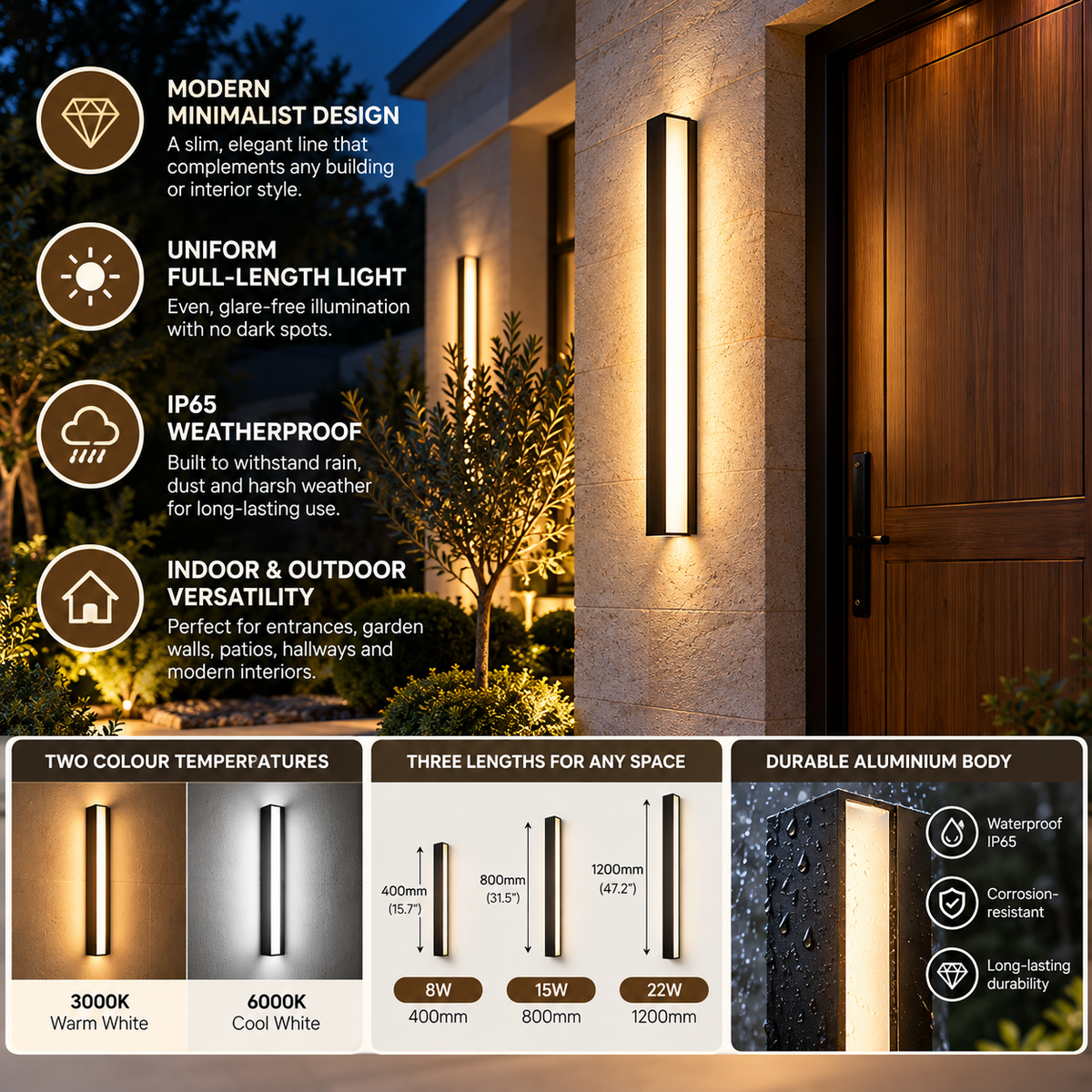 Liniowa zewnętrzna lampa ścienna | Smukła LED, IP65, 400–1200mm