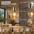 Pendant Lamp Chrome Metal, Glass Globe, Dining Table