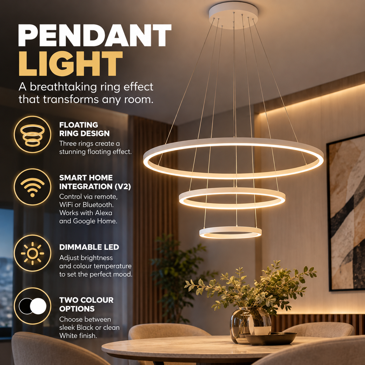 Pendant Light | 3-Ring Floating Design, LED, Black & White
