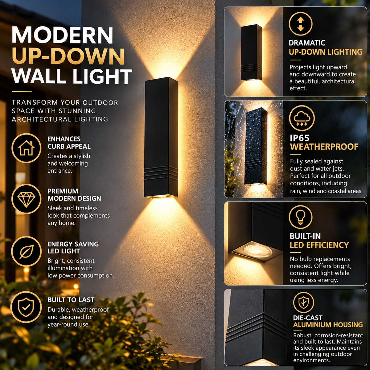 Linear Outdoor Wall Light | Up Down Facade, IP65 LED | Die-Cast Aluminium