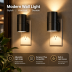 LED Plug-In Wall Lamp | Black, Dimmable, Light Sensor