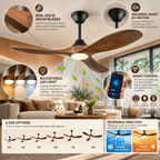 DC Ceiling Fan with LED Light | Solid Wood Blades, Smart Control