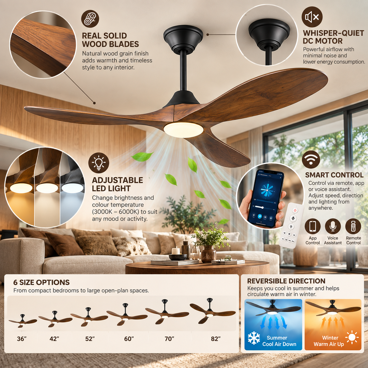 DC Ceiling Fan with LED Light | Solid Wood Blades, Smart Control