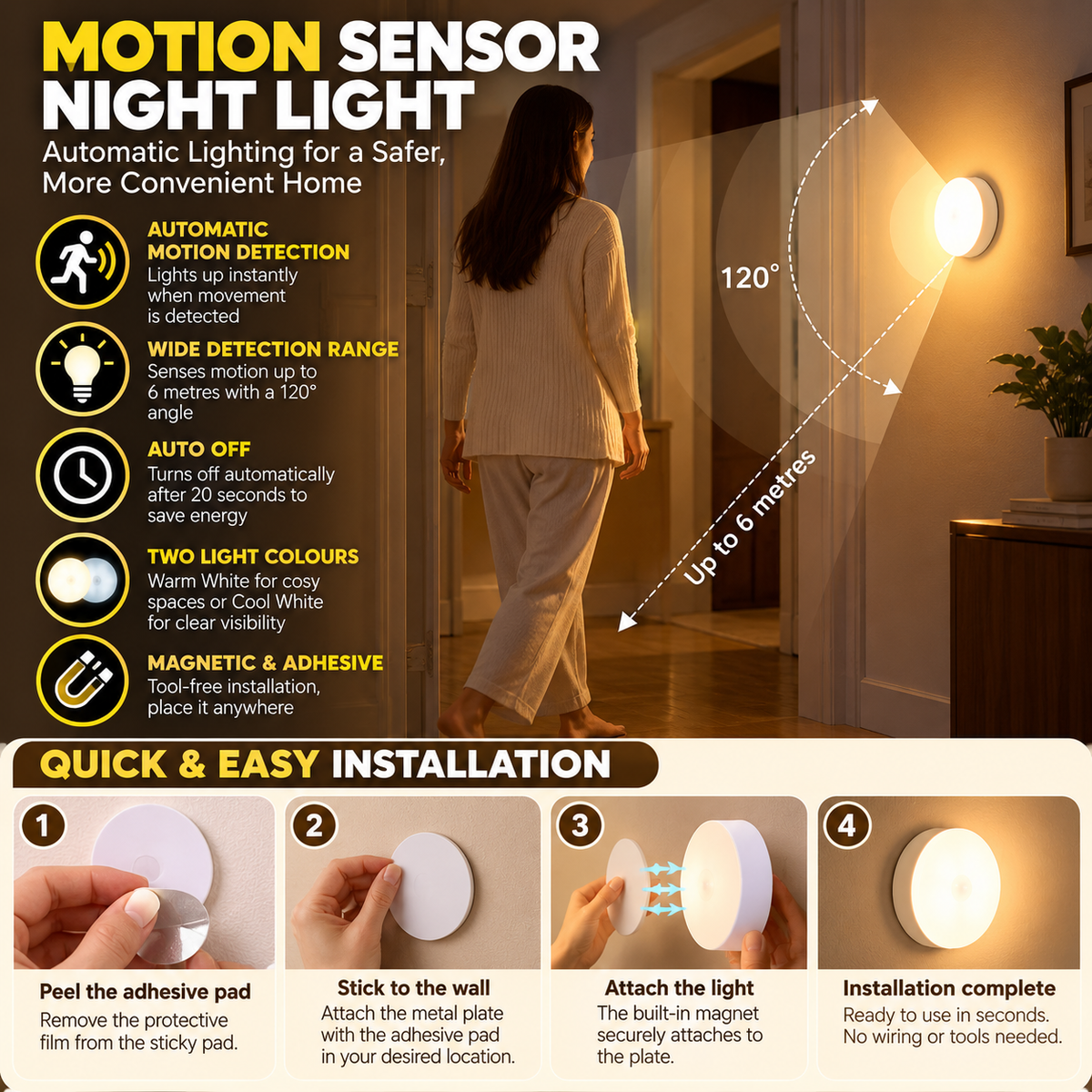 Motion Sensor Night Light | Magnetic, Round LED, Auto On/Off