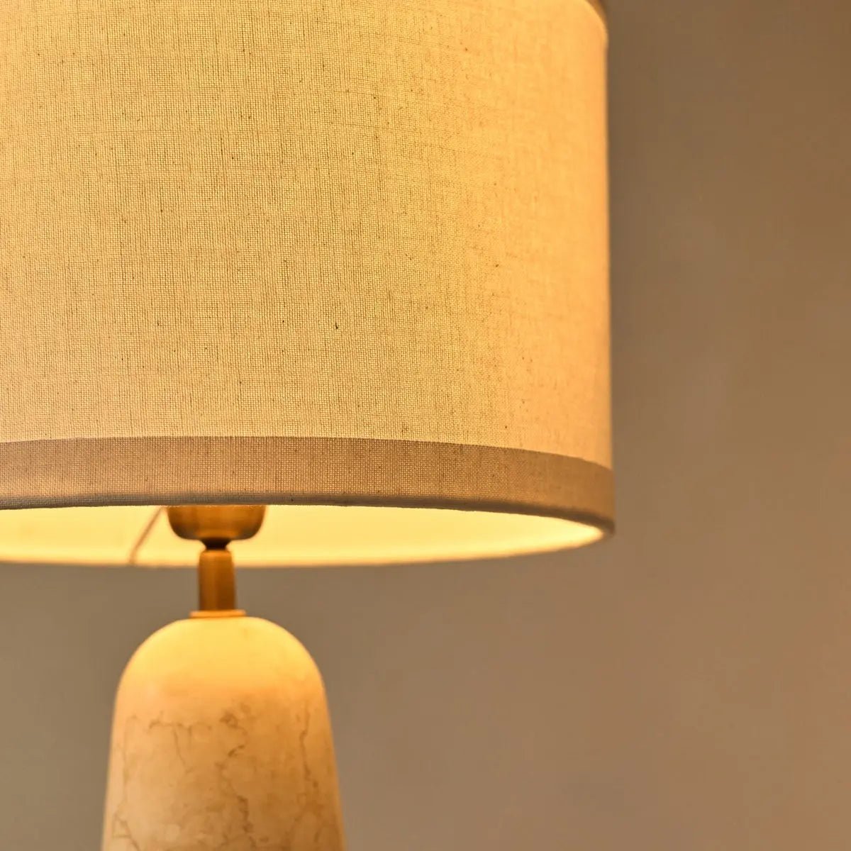 Marble table lamp with cotton shade, natural veining, 49cm height, E27 socket