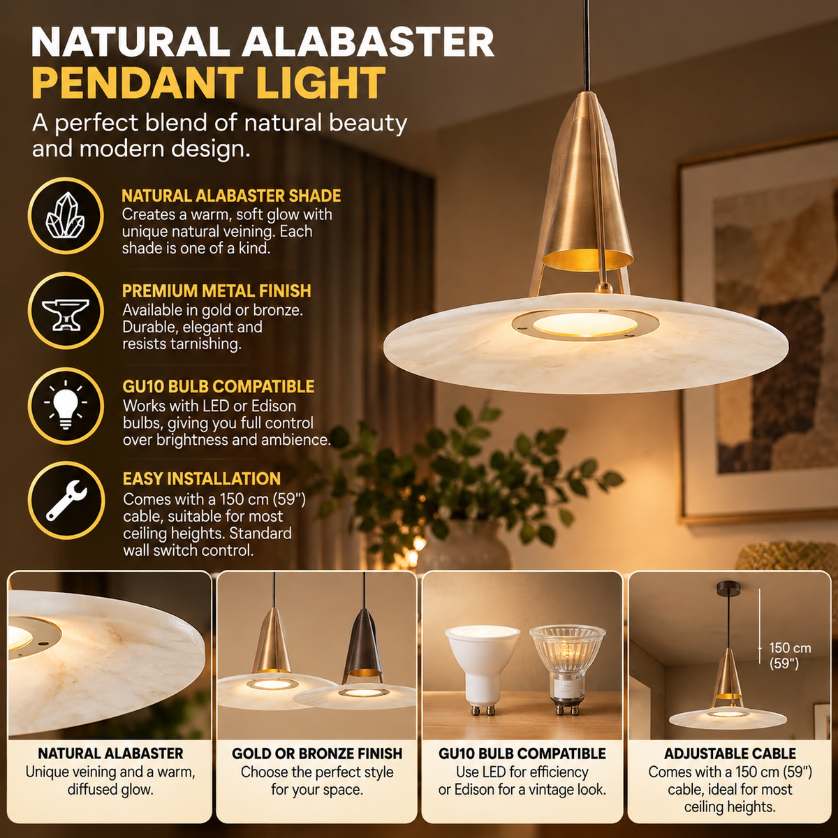 Alabaster Pendant Light | Gold & Bronze, GU10, Indoor Ceiling Lamp