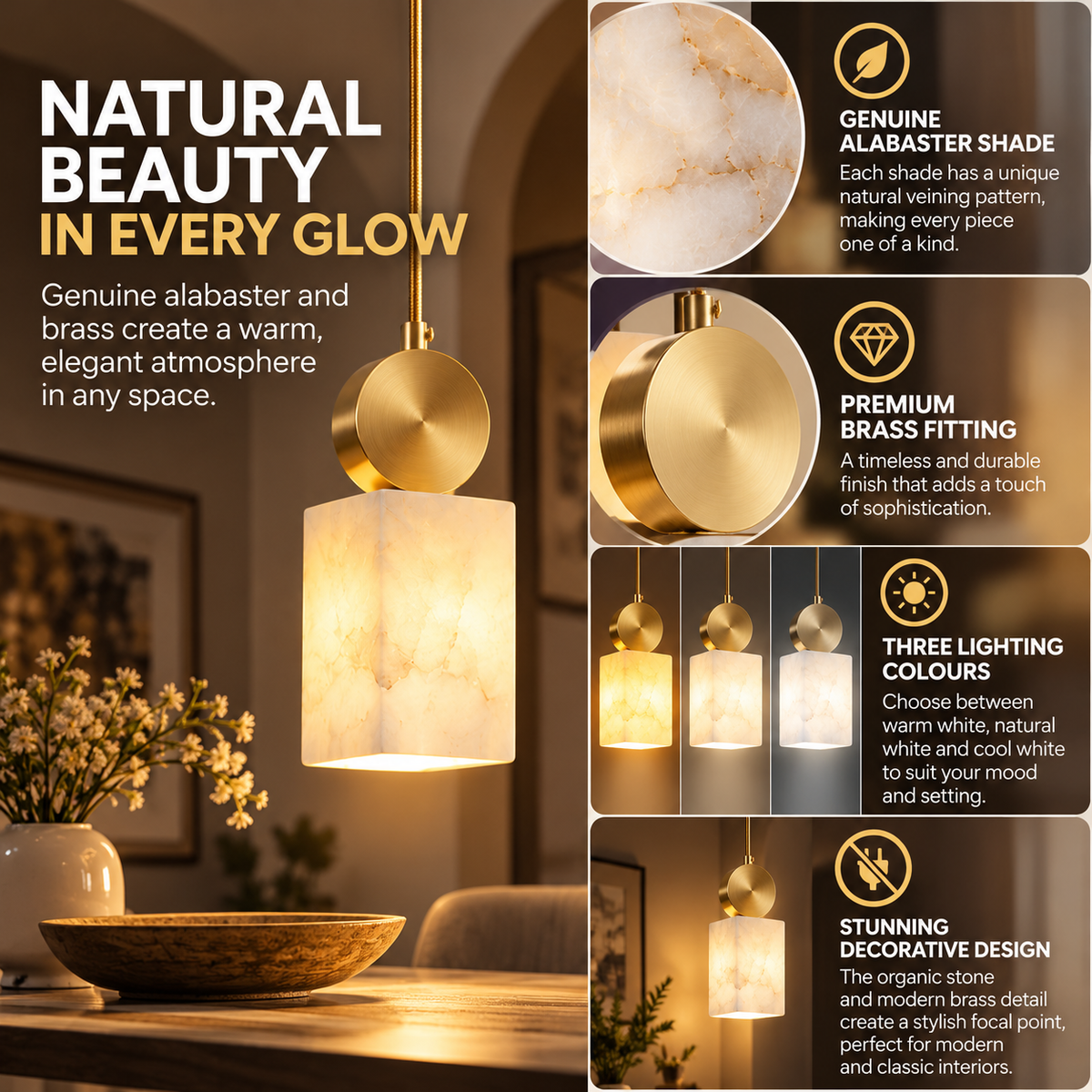 Alabaster Pendant Light | Brass Fitting, G9, AC 110-240V