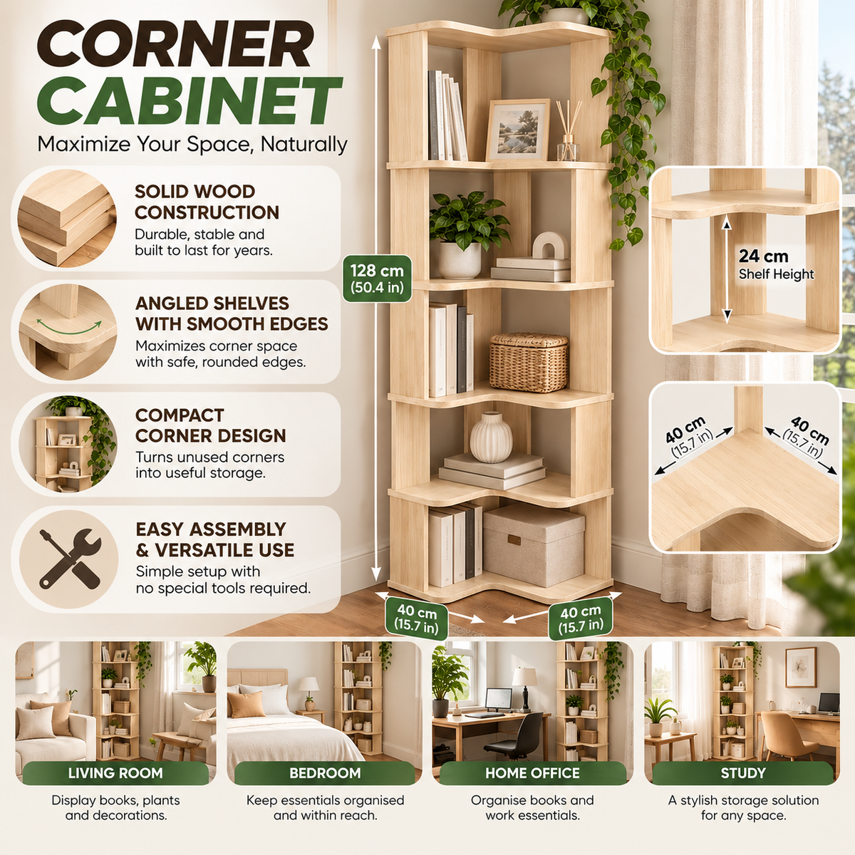 Corner Cabinet | Solid Wood, Compact Design | Natural Wood