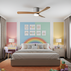 DC ceiling fan with LED light, Nordic wood blades, 6-speed DC motor, warm white 3000K