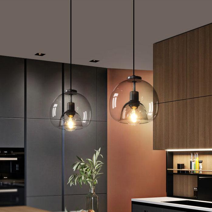 Dome pendant light with minimalist smoked glass shade, E27 hardwired ceiling fixture