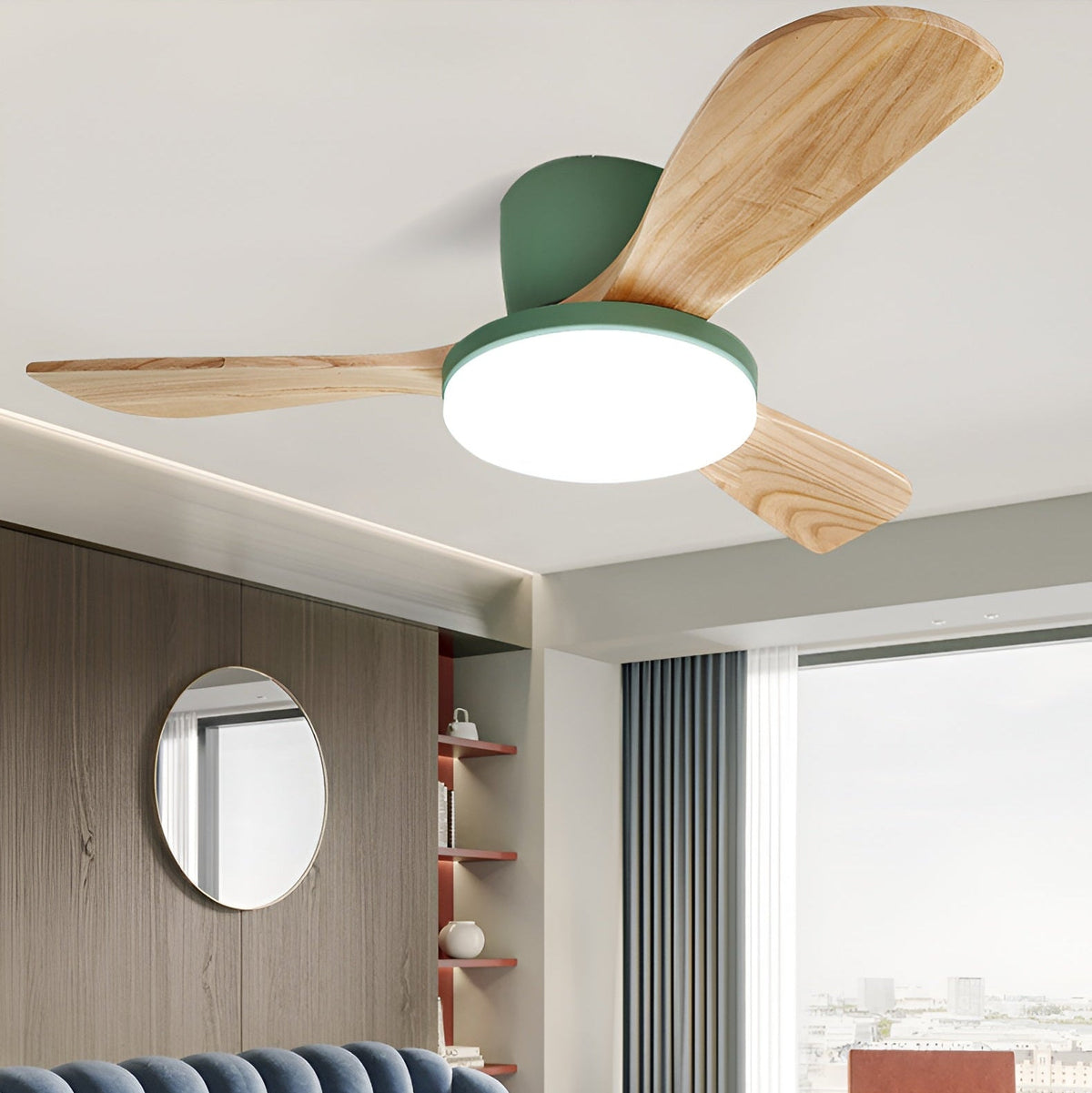 DC ceiling fan with LED light, Nordic wood blades, 6-speed DC motor, warm white 3000K