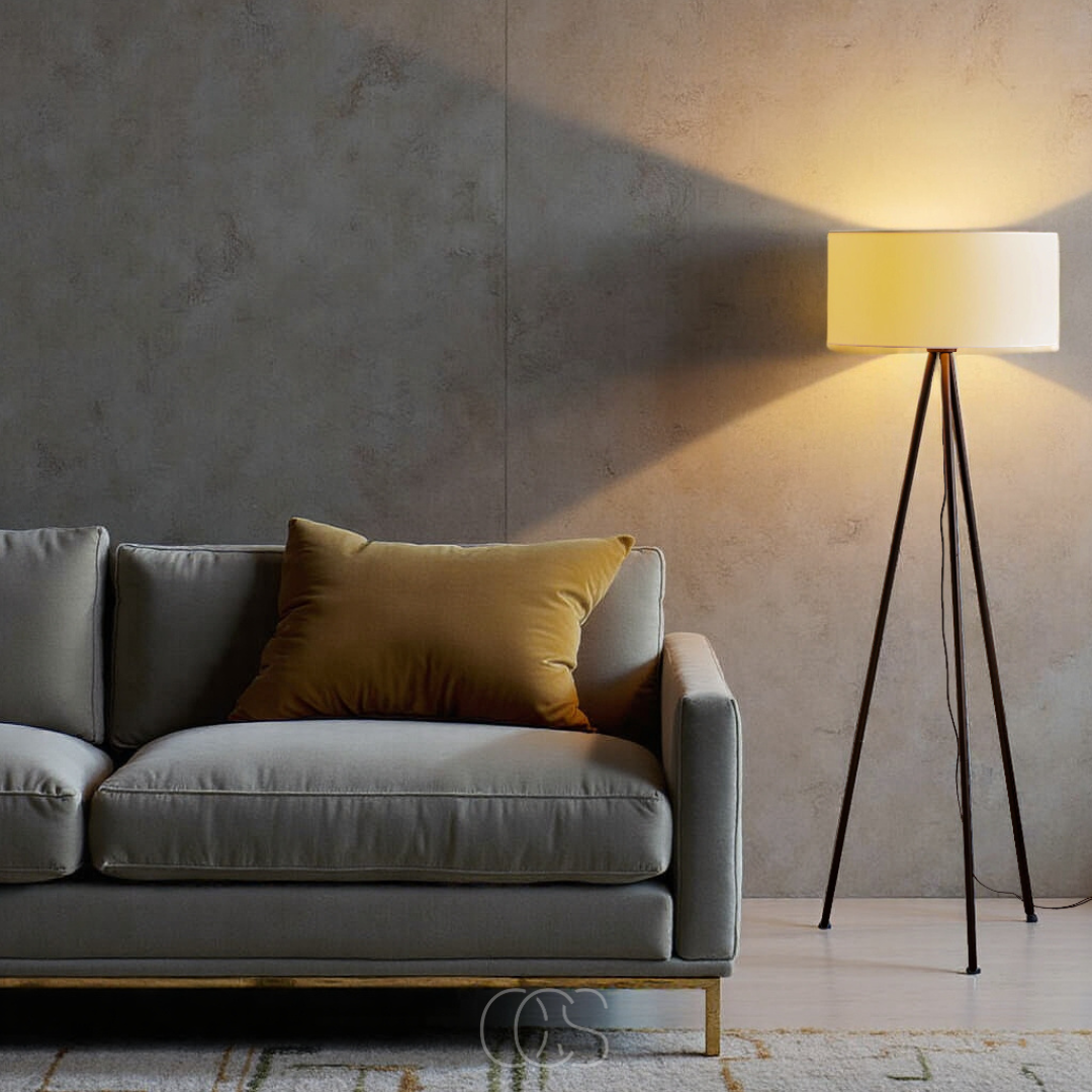 OCS 3-Leg Wooden Floor Lamp - Linen Shade - Natural Wood