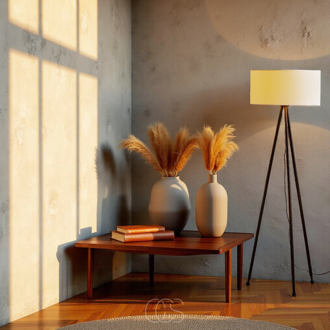 OCS 3-Leg Wooden Floor Lamp - Linen Shade - Natural Wood