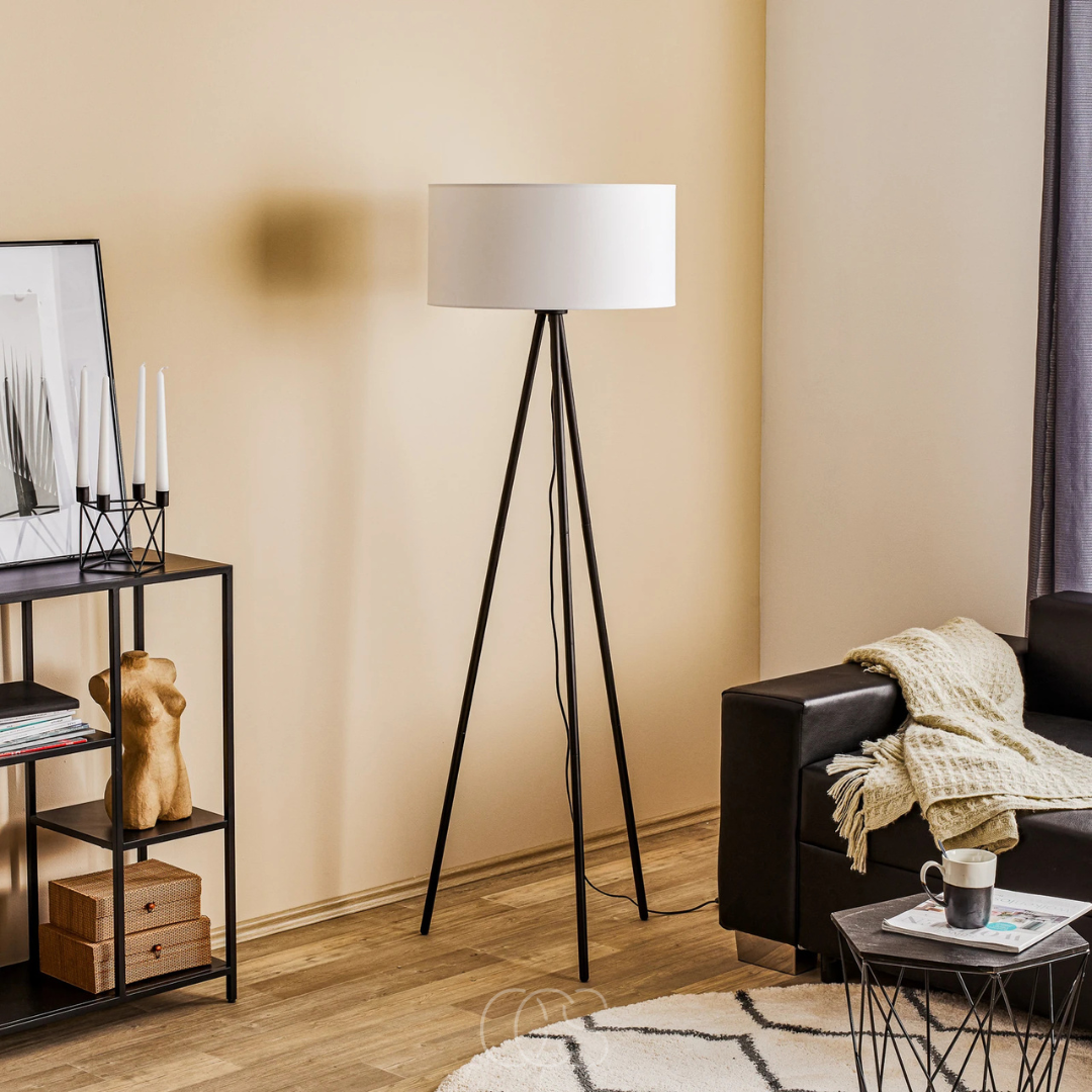 OCS 3-Leg Wooden Floor Lamp - Linen Shade - Natural Wood