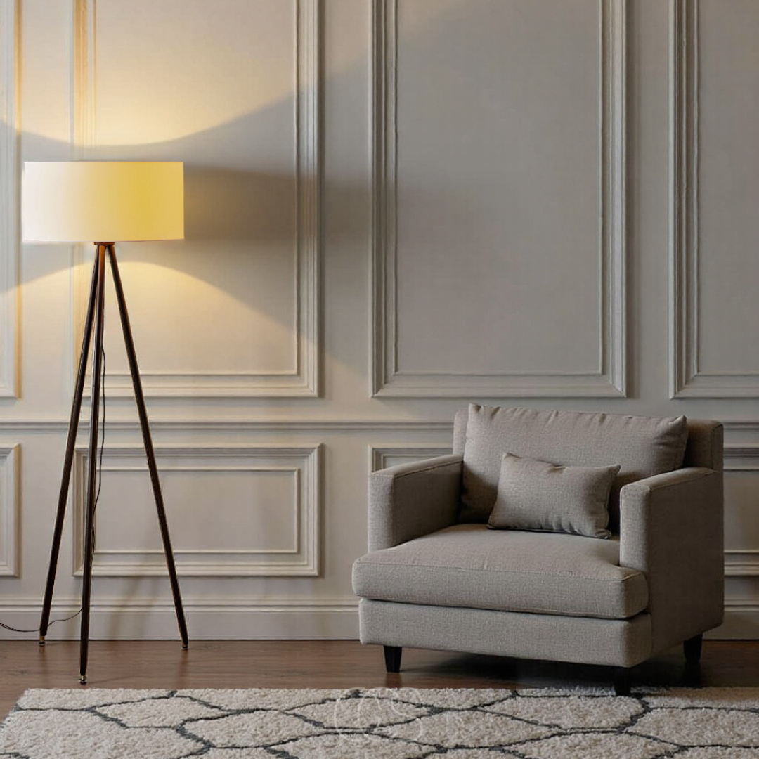 OCS 3-Leg Wooden Floor Lamp - Linen Shade - Natural Wood