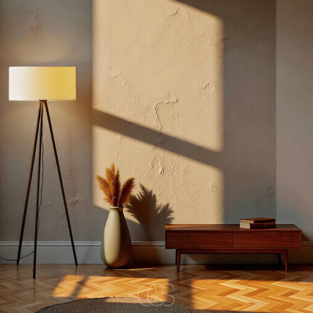 OCS 3-Leg Wooden Floor Lamp - Linen Shade - Natural Wood