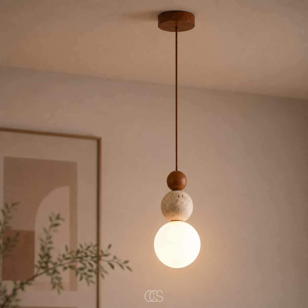Wabi-Sabi Pendant Light | Globe Glass Shade, Travertine Look
