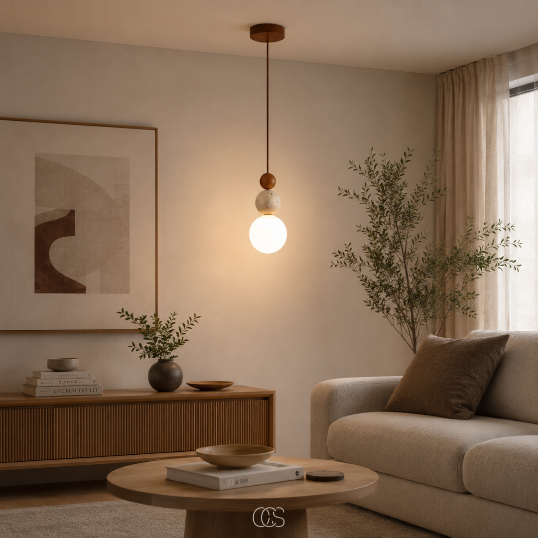 Wabi-Sabi Pendant Light | Globe Glass Shade, Travertine Look