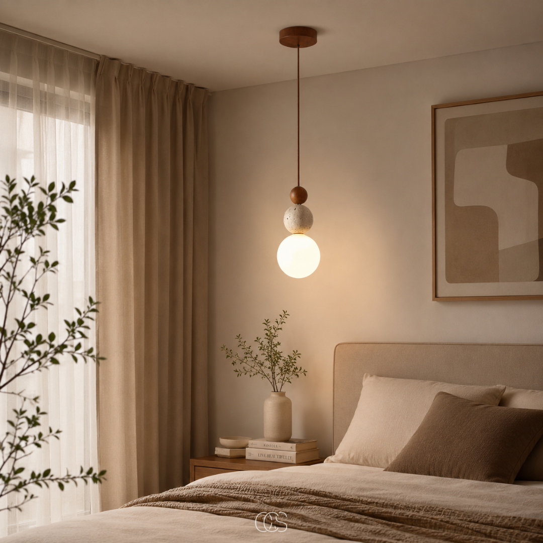 Wabi-Sabi Pendant Light | Globe Glass Shade, Travertine Look