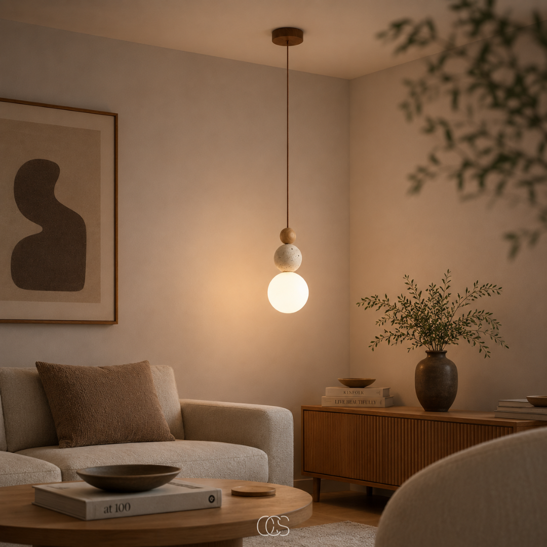 Wabi-Sabi Pendant Light | Globe Glass Shade, Travertine Look