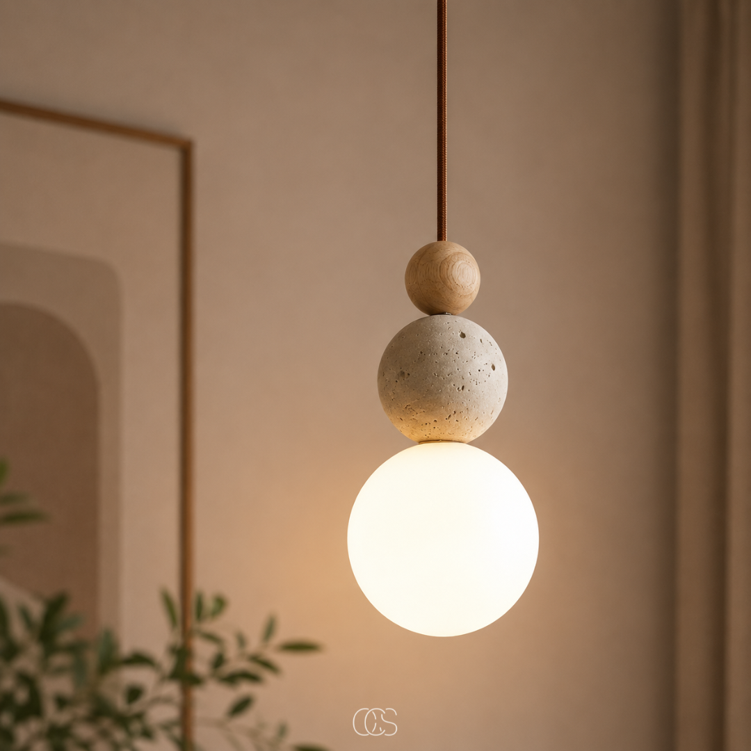 Wabi-Sabi Pendant Light | Globe Glass Shade, Travertine Look