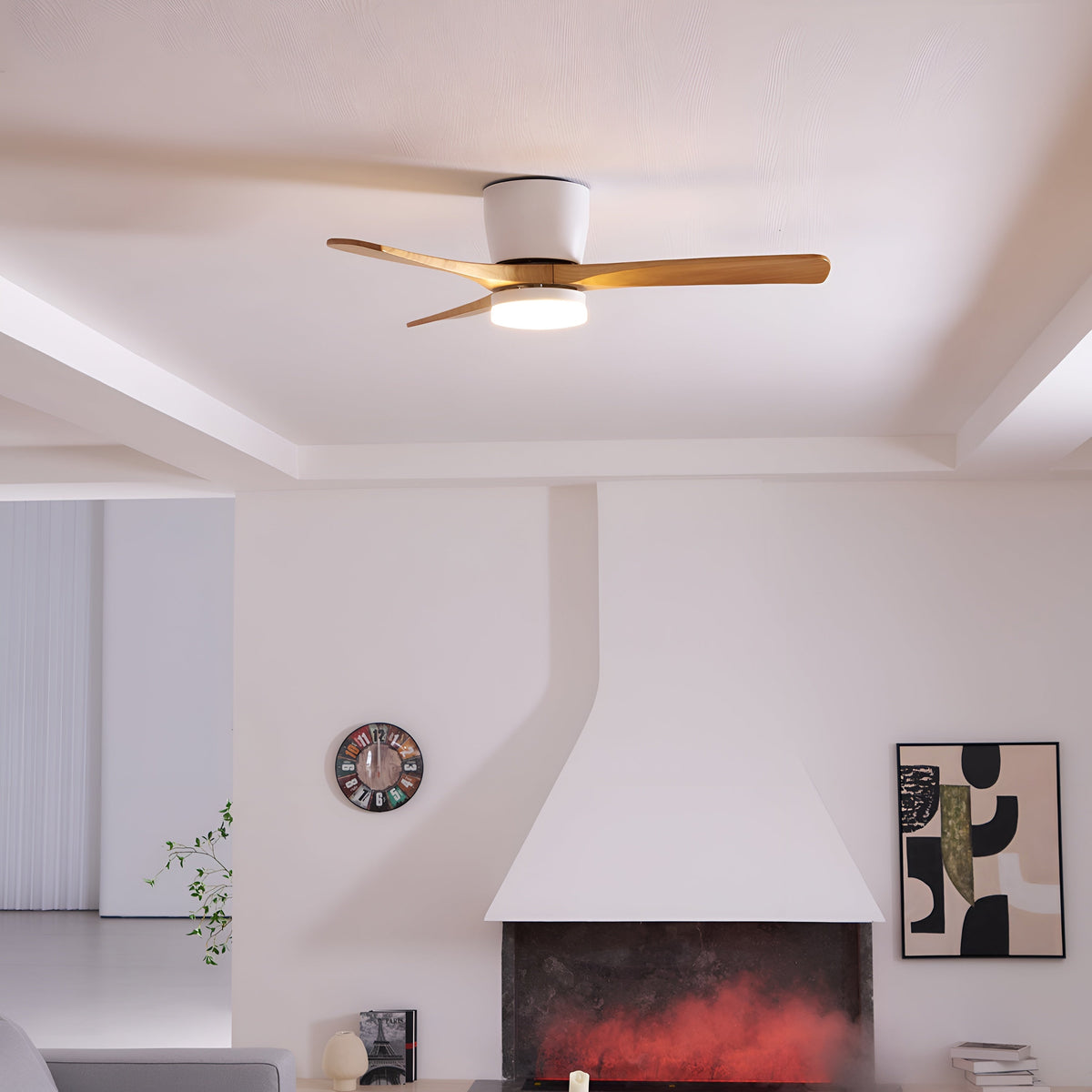 DC ceiling fan with LED light, Nordic wood blades, 6-speed DC motor, warm white 3000K