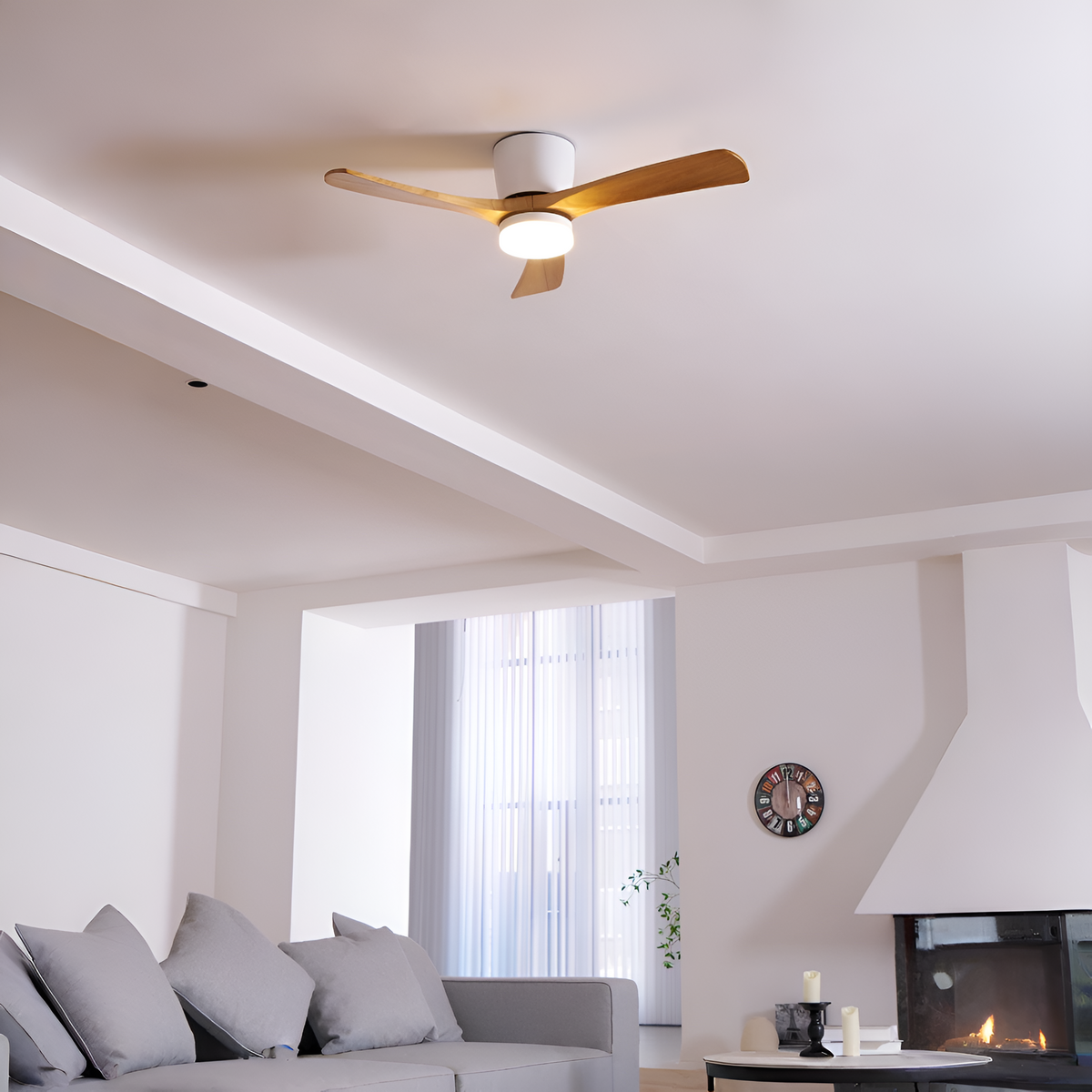 DC ceiling fan with LED light, Nordic wood blades, 6-speed DC motor, warm white 3000K