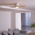 DC ceiling fan with LED light, Nordic wood blades, 6-speed DC motor, warm white 3000K