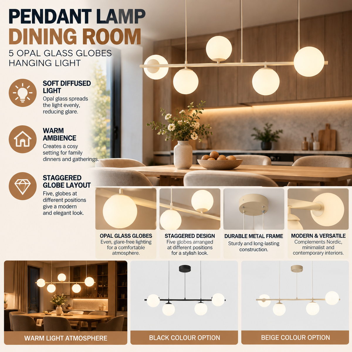 Lampa wisząca do jadalni, 5 kloszy z opalowego szkła