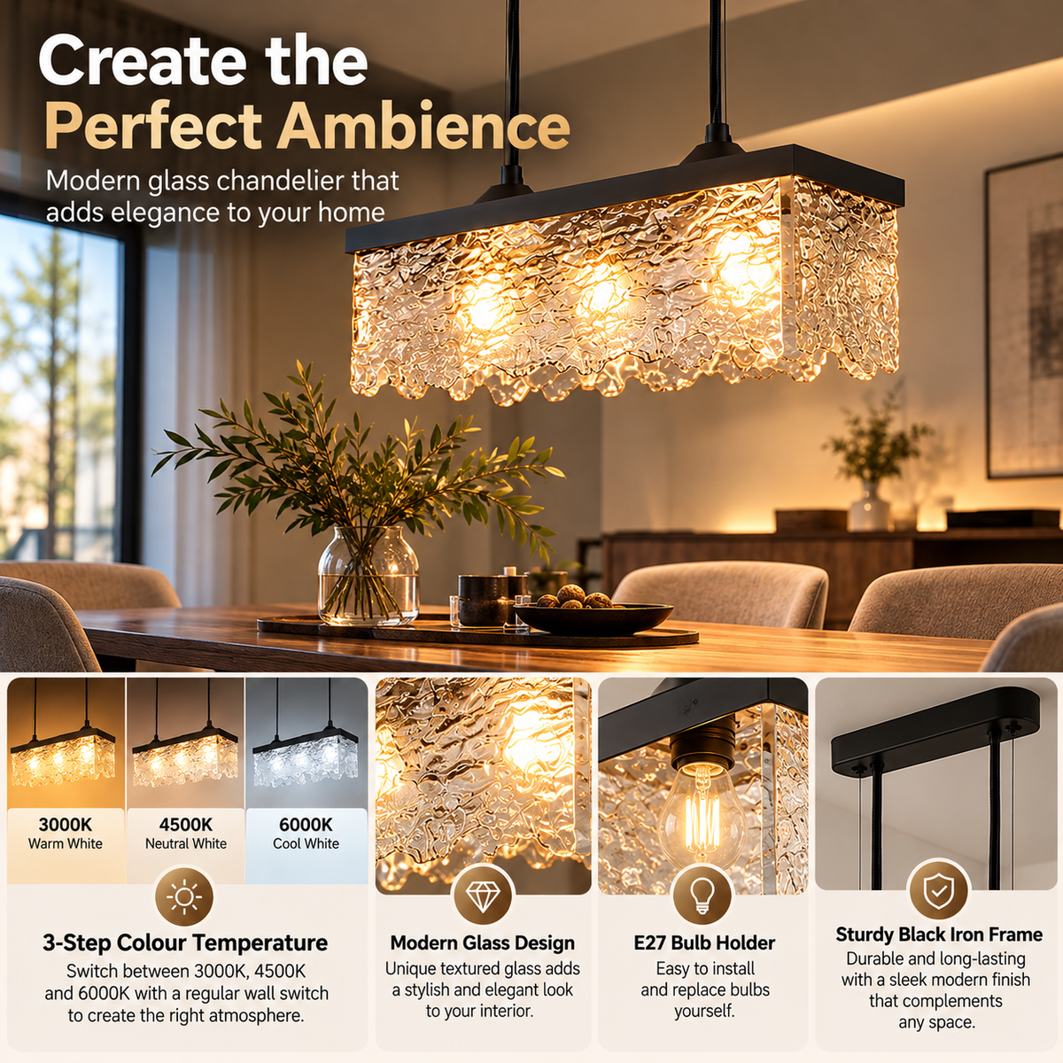 Dimmable Glass Chandelier | 3-Light Black Iron, Modern, Dining Room
