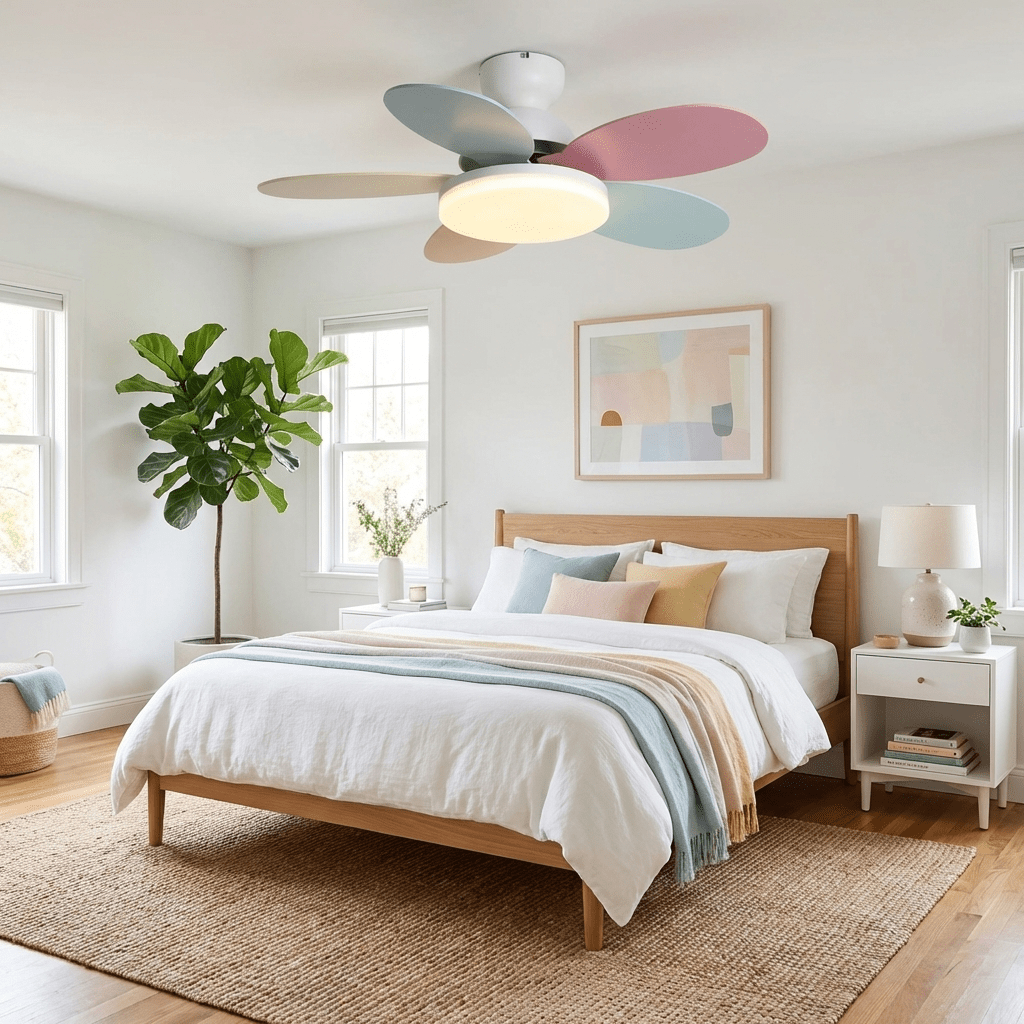DC ceiling fan with LED light petal-shaped acrylic 6-blade Nordic design