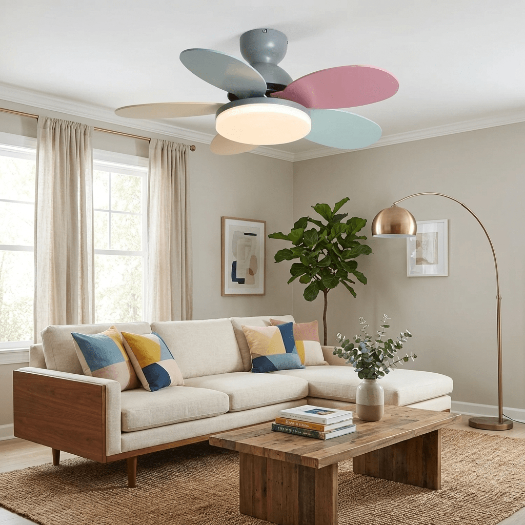 DC ceiling fan with LED light petal-shaped acrylic 6-blade Nordic design