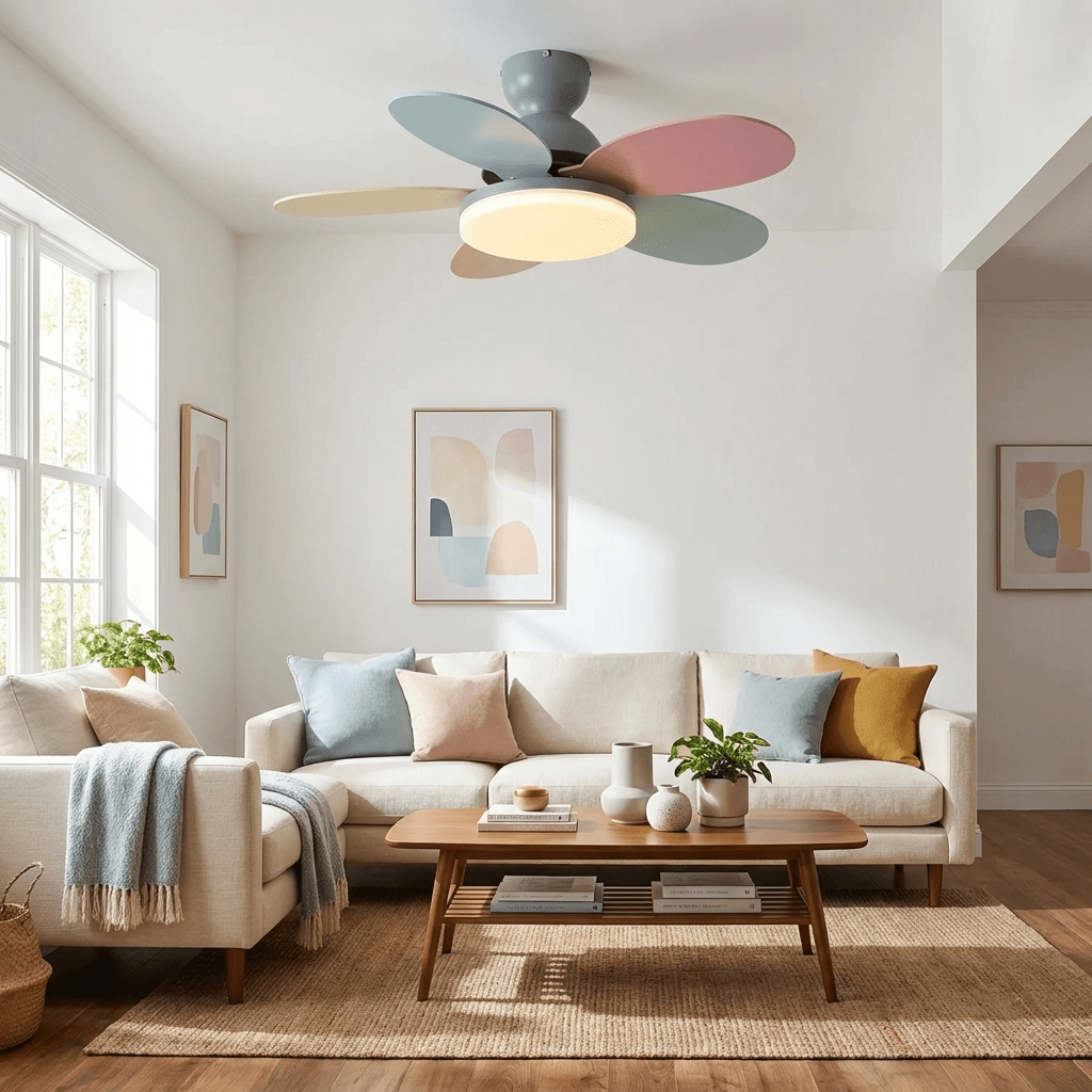 DC ceiling fan with LED light petal-shaped acrylic 6-blade Nordic design