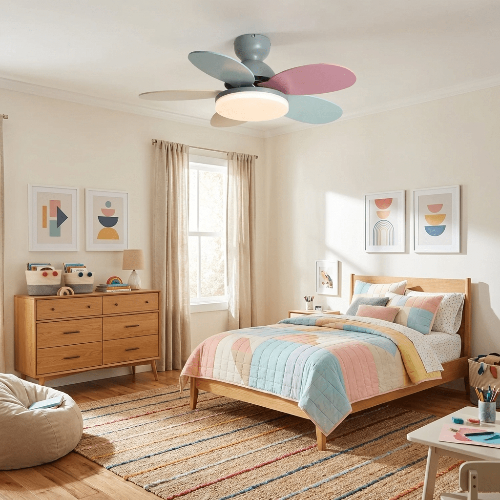 DC ceiling fan with LED light petal-shaped acrylic 6-blade Nordic design