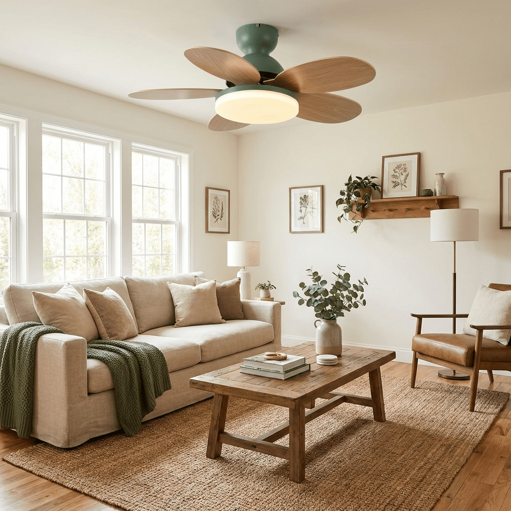 DC ceiling fan with LED light petal-shaped acrylic 6-blade Nordic design