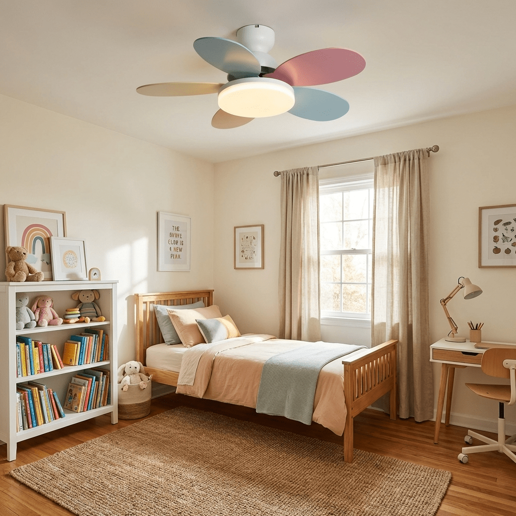 DC ceiling fan with LED light petal-shaped acrylic 6-blade Nordic design