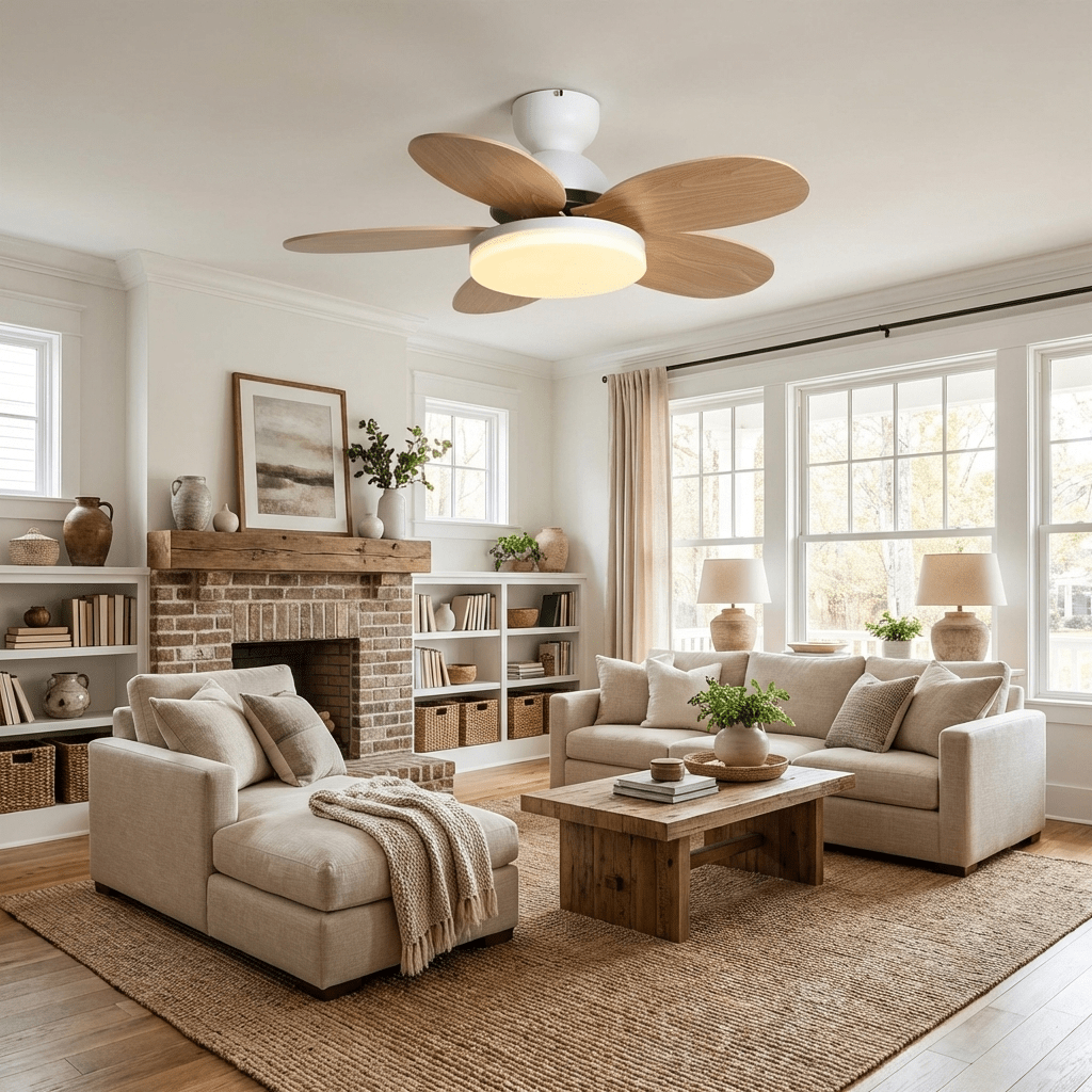 DC ceiling fan with LED light petal-shaped acrylic 6-blade Nordic design