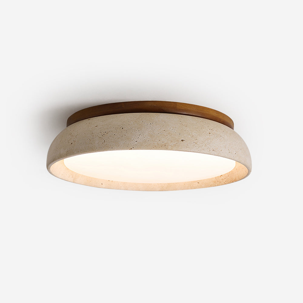Travertine stone ceiling light with wood base, dimmable integrated LED, modern minimalist design