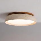 Travertine stone ceiling light with wood base, dimmable integrated LED, modern minimalist design