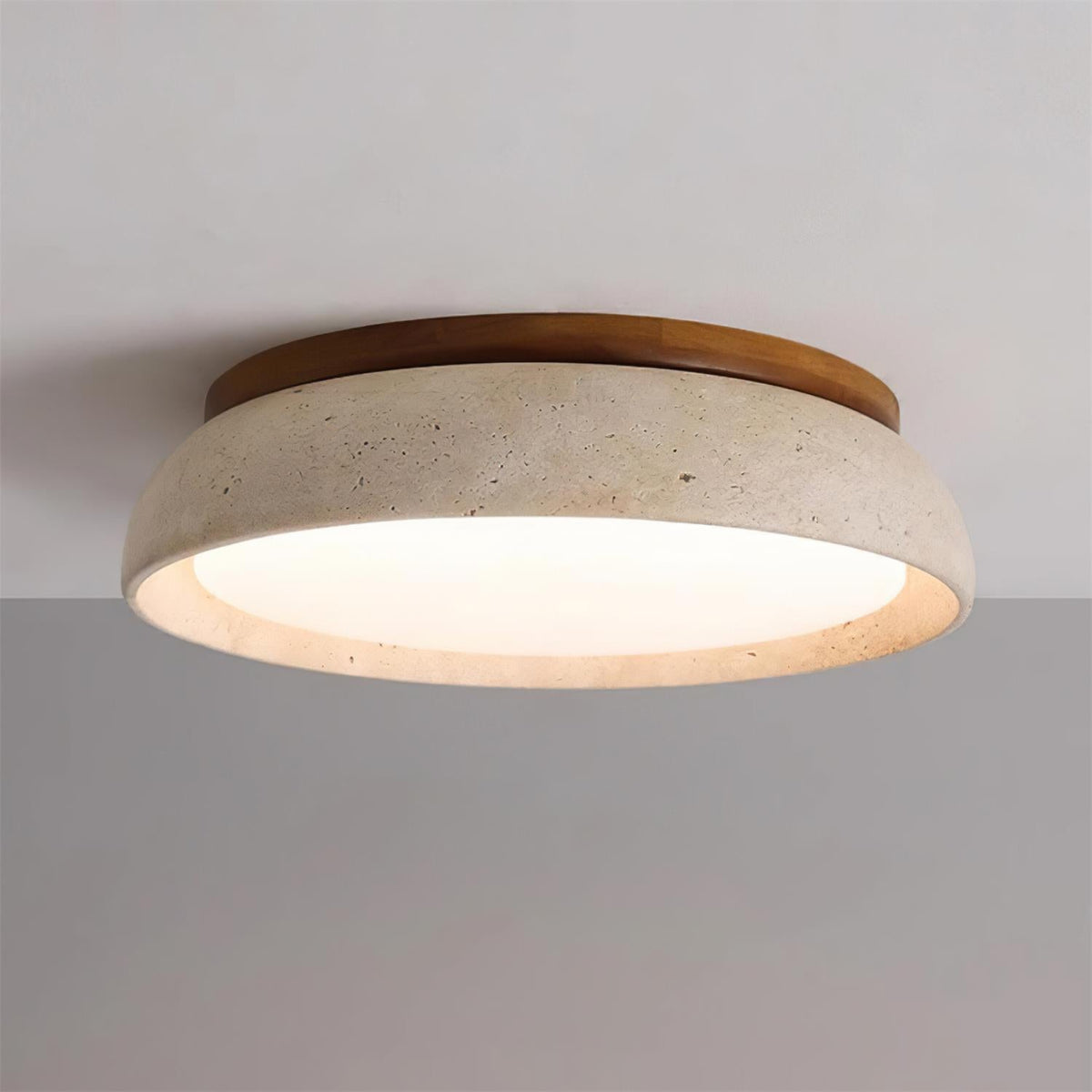 Travertine stone ceiling light with wood base, dimmable integrated LED, modern minimalist design