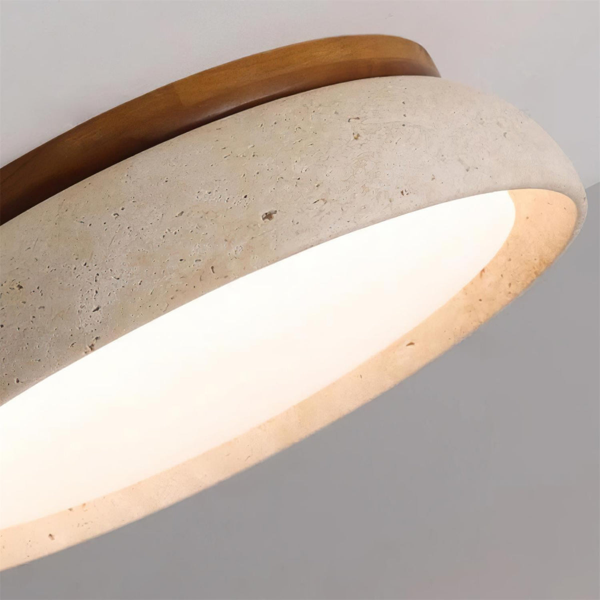 Travertine stone ceiling light with wood base, dimmable integrated LED, modern minimalist design