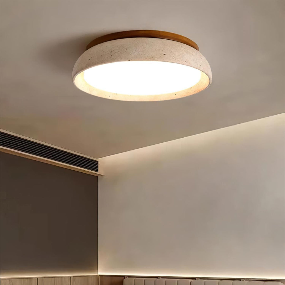 Travertine stone ceiling light with wood base, dimmable integrated LED, modern minimalist design
